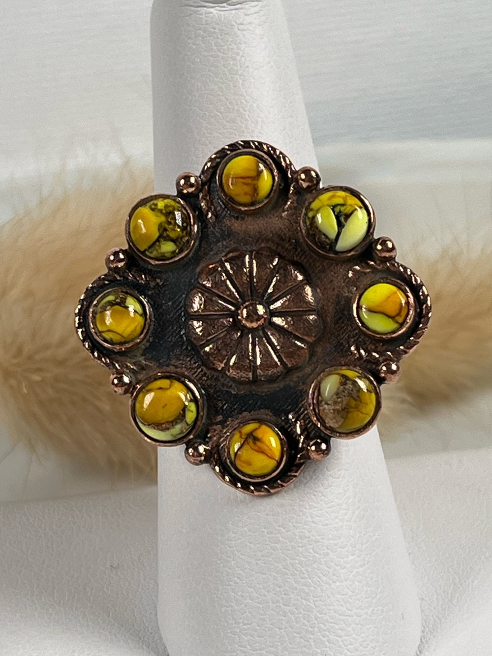 Solid Copper Medallion Statement Ring Honey Dahlia Gemstone Size 7 Adjustable
